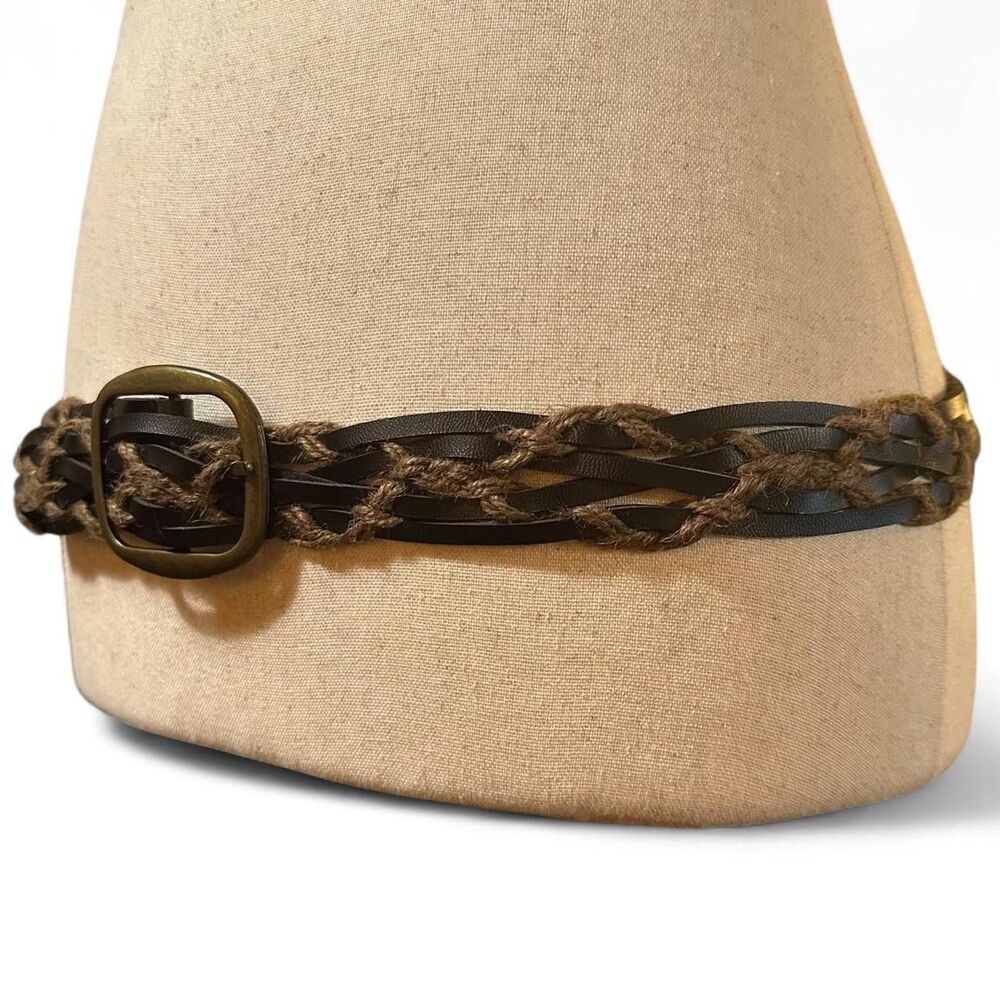 Brown Leather Belt w/ Braided Rope Detail and Brass Buckle
